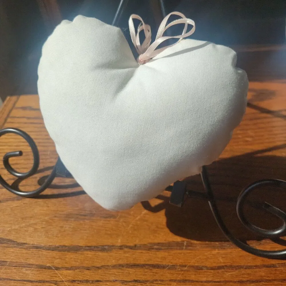 Handmade Needpoint Crossstitch Pillows Set of 2 heart shaped Ivory Cotton Ribbon
